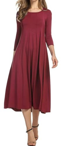 HOTOUCH Damen Kleider Elegante Midi Tunika Kleid A-Linie 3/4 Ärmel Kleid Rundhals Einfarbig Freizeitkleider Herbst Winter Kleider Weinrot L