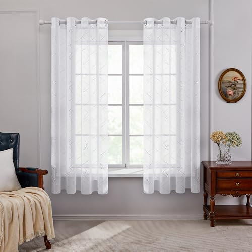 Deconovo Halbtransparent Vorhang Voile Gardinen mit Ösen Luftig Vorhänge Wohnzimmer Schlafzimmer Ösenvorhang Stores Gardine mit Schrägstrich Muster, 180x140 cm(HöhexBreite), Weiß, 2er Set