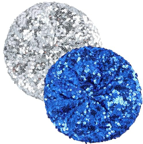 Aomhrek 2 StüCk Glitzer Hut Pailletten Women Sparkly Sequins Beret Hat 23 cm Glitzer Hut Damen Leicht Elastisch Party Modeschau Fotografie Musik Feste Silberne Glitzer-BaskenmüTze Silber, Blau