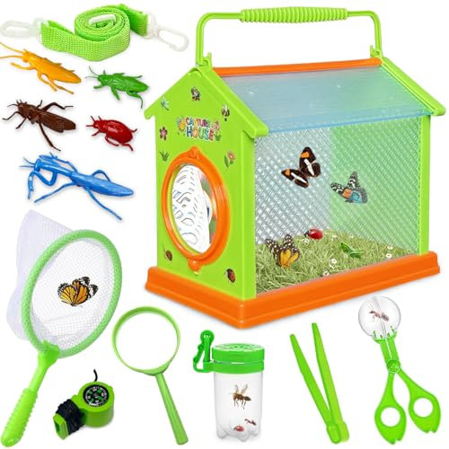 Kulveanju Kit Insetti per Bambini 3 4 5 6 Anni - 12 Pezzi Giochi da Esterno per Bambini Set Esploratore, Casella Degli Insetti, 5 Insetti Finti, Lente Ingrandimento e Altro, Giocattoli Regalo