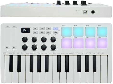 25 Key USB MIDI Keyboard Controller with 8 MPC Beat Pads, 8 RGB Backlit Pads, 8 Rotary Knobs and Music Production Software