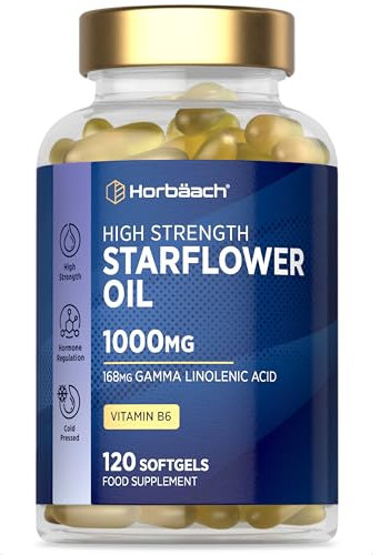 Huile de Bourrache 1000mg | 120 Capsules Pour 4 Mois | Bourrache Gelules Avec Vitamine B6 | 168mg Acide Gamma-Linolénique GLA par Gélules | Starflower Oil With Vitamin B6 | par Horbaach