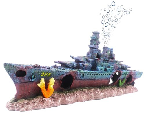Ulifery Aquarium Schiffswrack versunkenes Piratenschiff Harz Fisch Tank Dekorationen Schlachtschiff für Betta Super Large XXL für 55-75 Gallonen Tank mit Bubbler Stein