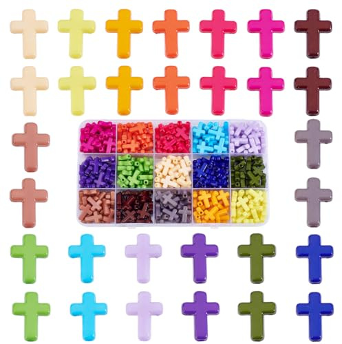 HOBBIESAY 300 Stück Kreuzperlen 15 Farben Acryl Kreuzperlen Bunte Kreuzanhänger Abstandshalter Lose Perlen Kreuzanhänger Perlen Zur Schmuckherstellung Perlenloch:1mm
