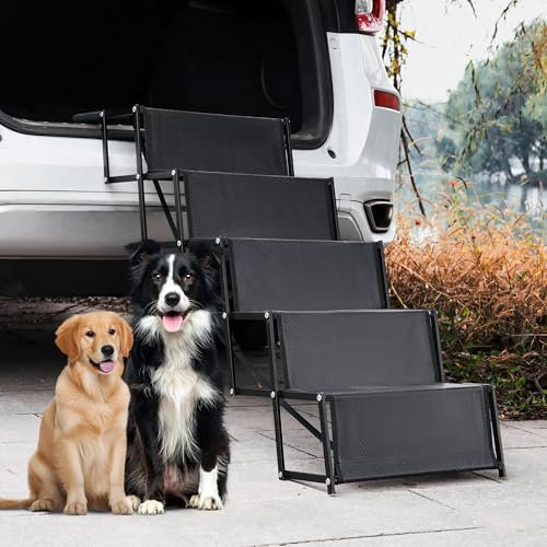 XARILK Hundeautorampe - Tragbare 5-stufige Aluminiumtreppe mit Rutschfester Oberfläche, trägt bis zu 110 kg, 44 cm breite Faltbare Hundetreppe für Autos, Geländewagen, Hochbetten und LKWs