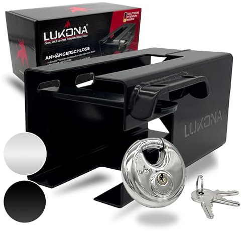 Lukona® Anhängerschloss mit Sicherheitsriegel inkl. Diskusschloss - Extra 3 Schlüssel inkl. Aufbewahrungsbeutel - Kastenschloss Diebstahlschutz (Schwarz)