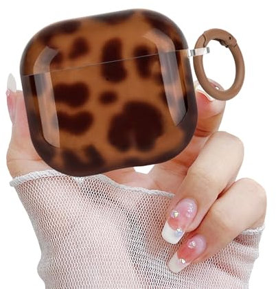 Newseego Custodia Semi-traslucida Compatibile con AirPods 4a Generazione 2024 Estetica Cover con Stampa Leopardata e Portachiavi per Ragazze Cover Protettiva Antiurto Full Body per AirPods 4-Marrone