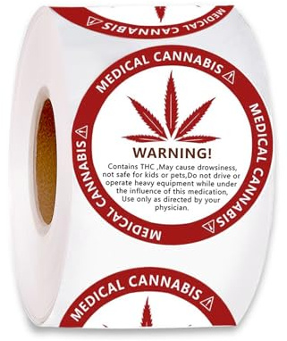 THC-Warnaufkleber – 1,5 Runde Klebeetiketten für Cannabis – Für Beutel, Gläser, Phiolen & Behälter – Medizinisches Marihuana Sicherheitsetikett – Leicht abziehbare Rolle, 500 Stück(Rot)