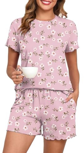 PrinStory Pigiama da donna a maniche corte con maglietta e pantaloncini, pigiama estivo, Agrostemma Githago rosa, M