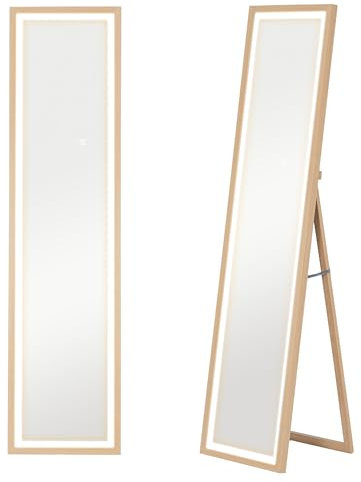 HOMCOM Ganzkörperspiegel 40 x 160 cm Standspiegel mit LED-Lichte, 3 Lichtfarben, Wandspiegel mit Touch-Steuerung, Bodenspiegel für Schlafzimmer, Wohnzimmer, Eiche