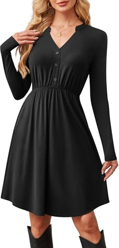 Florboom Women's Notched V-Neck Elegant Dresses Long Sleeve Knitted Button Knee-Length Loose Casual Fall Dress with Pockets (Black 2XL)
