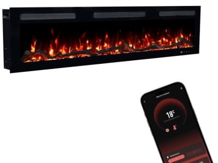 GF CORE Elektrokamin Inside 152 mit realistischem 3D LED-Feuer - Wand-Elektrokamin mit Heizung und Kaminfeuer, App Steuerung, Knistereffekt & Timer, max. 1800 W, 152x35x12cm