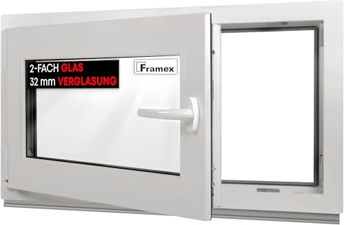 Framex Finestra Seminterrata Piccola in PVC Bianco, Larghezza x Altezza 100 x 50 cm (1000 x 500 mm), Doppi Vetri (32 mm), Anta-Ribalta, Girevole DIN Sinistra – Premium