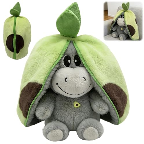 PLLYPE Atmendes Kuscheltier Esel, Herzschlag Plüsch Esel mit Atmung, Schlummer Kuscheltier Erdbeeresel mit Musik und Atembewegung, Weiches Erdbeer Avocado Plüschtier Puppe（Grün）
