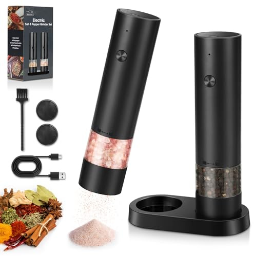 srml Rechargeable Electric Salt and Pepper Grinder Set with 4 Adjustable Coarseness, USB-C Automatic Pepper Mill Spice Grinder with Ceramic Grinding Core, Dust Cover and Base for Home Kitchen BBQ