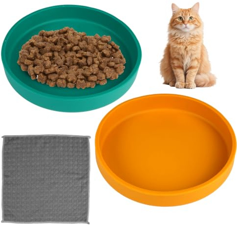 2 Pièces Gamelle pour Chat en Silicone de 15 cm, Conception Plate pour | Éviter Que Moustaches Ne Touchent, Gamelles Plates avec Chiffon de Nettoyage pour Nourrir Votre Chat à La Maison Ou en Voyage
