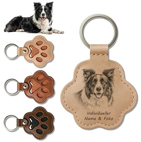 WFE Personalisierter Leder-Schlüsselanhänger mit Gravur von Name & Foto, in Pfotenform für Hunde & Katzen, Aufbewahrungsbox für Tierhaare, Andenken, Trauergeschenk, Taschenanhänger