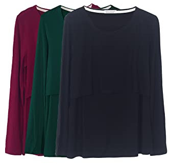 Smallshow Nursing Tops Women's Maternity Long Sleeve Breastfeeding Shirts,Wine/Deep Green/Black,2XL