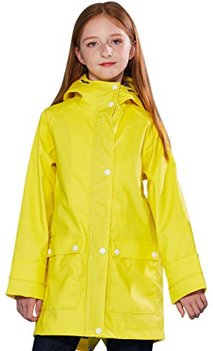 SOLOCOTE Veste de pluie pour enfants avec capuche imperméable et coupe-vent sac à dos en caoutchouc doublé pour filles et garçons Jaune 9-10 ans