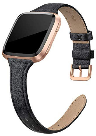EDIMENS Echtlederarmband kompatibel mit Fitbit Versa 2/Fitbit Versa Lite & SE/Fitbit Versa, schlankes Ersatzarmband aus Leder für Versa Frauen Männer, Schwarz, Champagner, Roségold, Hellbraun