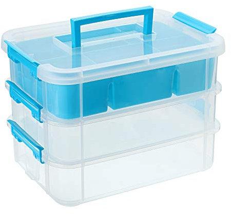 JUXYES Scatola portaoggetti impilabile a 3 ripiani con vassoio diviso, contenitore trasparente impilabile con coperchio a scatto, contenitore per scuola e ufficio (blu)