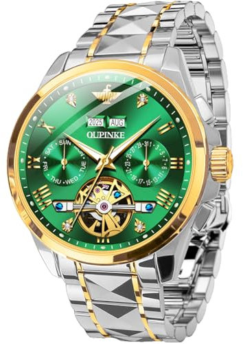 OUPINKE Uhren für Männer Luxus Automatische Mechanische Wolfram Stahl Casual Leuchtende Armbanduhr Wasserdicht Saphir Kalender Uhren, Grün , Automatische Uhr, mechanisch