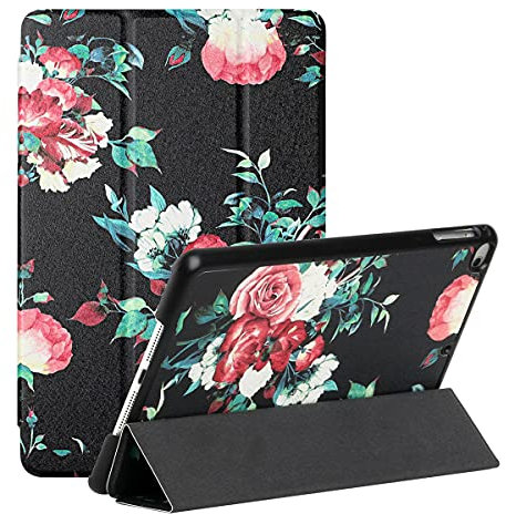 LMFULM® Hülle für Apple iPad Mini 5/4 / 3/2 / 1 (7,9 Zoll) PU Lederhülle Smart Case mit Auto Schlaf/Wach Cover Ständer Schutzhülle Flip Cover Seidendruck Schwarze Blumen