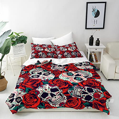 ANHOPE Day of the Dead Duvet Cover Set Double 200x200cm, 2 Pillowcases | Soft Breathable Microfibre, Sugar Skull Red Rose Print, All Season Quilt Cover Set with Zipper Closure, for Home and Hotels
