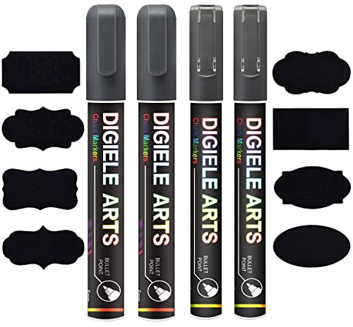 DIGIELE Kreidestift Silber, 2 Kreidestifte 3mm + 2 Silber Kreidemarker 6mm + 16 Tafel Labels, Reversibel Stiftspitze, Trocken oder Feucht Abwischbare Flüssigkreide für Whiteboard/Tafel/Fenster/Glas