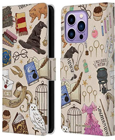 Head Case Designs Officially Licensed Harry Potter Hogwarts Pattern Deathly Hallows XXXVII Leather Wallet Case Compatible With Apple iPhone 14 Pro Max