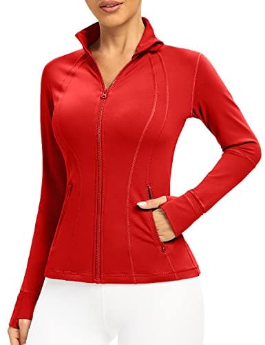 QUEENIEKE Women's Slim Fit Running Jackets - Long Sleeves Athletic Workout Gym Tops with Back Mesh Vent & Thumb Holes (Gright Red, Small)