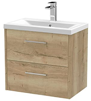Hudson Reed JNU1824A Juno Modern Bathroom Wall Hung 2-Drawer Vanity with Mid-Edge Ceramic Basin, 600mm, Woodgrain Autumn Oak