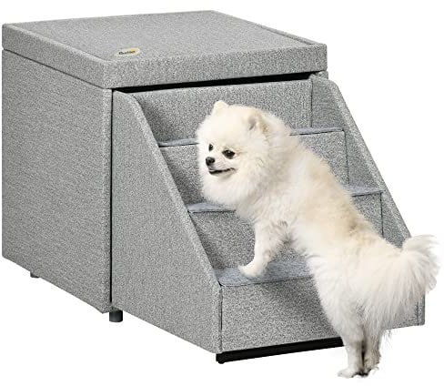 PawHut 2 in 1 Dog Steps Ottoman, Pet Stairs for Small Medium Dogs and Cats Grey
