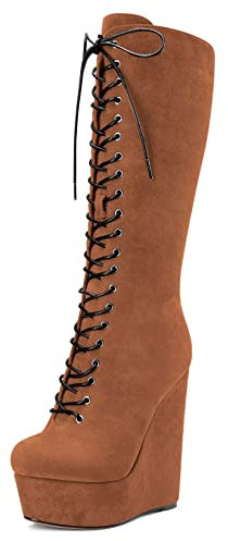 Castamere Donna Zeppa Alto High Tacco Heel Chiusa Rotonda Punta Metà polpaccio Lacci Cerniera Classico Stivali Marrone A 35 EU