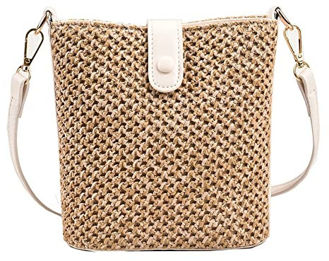 Women Straw Crossbody Bag Beach Handmade Rattan Shoulder Bags Hand Woven Leather Straps Straw Clutch Purse Vacation, White, One Size