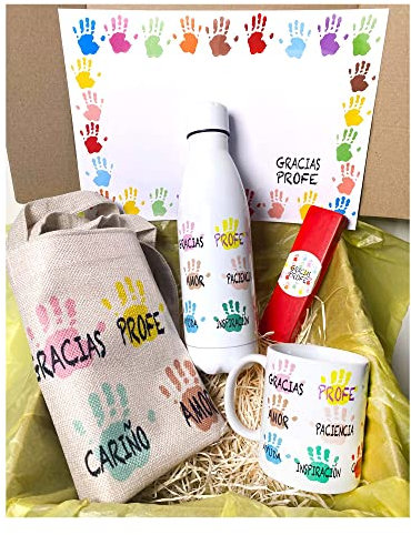 PACK Regalo para profesores PERSONALIZADO, botella de manitas, bolsa de tela de manitas personalizada, taza de manitas, Pack profesor, profesora infantil