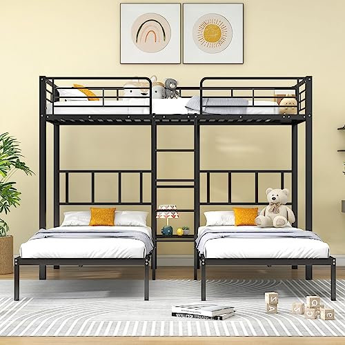Moimhear Dreierbett, Dreifaches Etagenbett mit Leiter für Kinder und Jugendliche, Eisenbett mit Fallschutzgitter und Tisch, Schwarz (90x200cm*3)