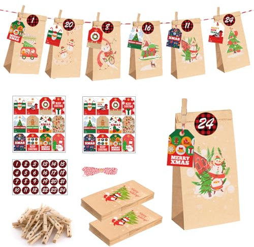 Adventskalender 2024 zum Befüllen, Adventskalender zum Befüllen Groß, Weihnachtskalender Selber Befüllen, Adventskalender zum Selber Befüllen - 24 Stück Geschenktüten und Zahlenaufklebern