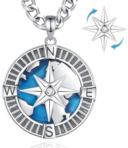 INFUSEU Kompass Kette, 925 Sterling Silber Drehbar Anhänger Marineblauer Reisekarte Denkender Schmuck Nordstern Wikinge Surfkarte Abalone Muschel Outdoor Reisegeschenke für Männer Frauen