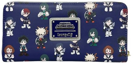 Loungefly My Hero Academia Geldbörse mit durchgehendem Druck, MHA mit Reißverschluss, Blau, Medium, Geldbörse mit Reißverschluss