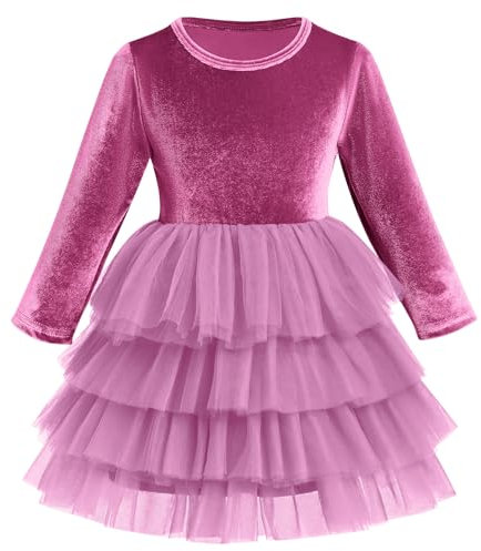 FYMNSI Abito in velluto per bambini, per feste, Natale, con scollo rotondo, linea ad A, per feste, da principessa, in tulle, per autunno e inverno, fucsia, 3-4 Anni