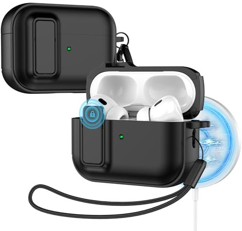 R-fun Schutzhülle für AirPods Pro 2/1 Generation (2023/2022/2019) mit sicherem Verschluss, kompatibel mit Airpods Pro 2 (USB-C/Lightning-Kabel), Schutzhülle mit Reinigungsset,Schwarz