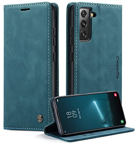 Cracedily for Samsung Galaxy S22 Case, Flip Wallet Leather Case with Card Holder Magnetic Closure Shockproof Kickstand Protective Phone Cases Cover for Samsung S22,Blue-Green