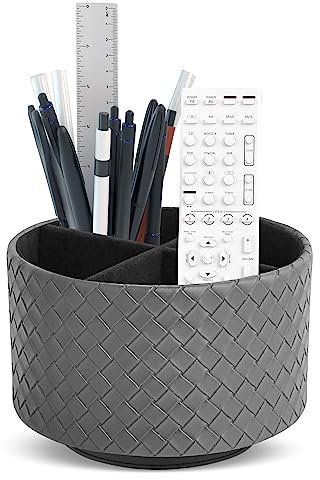 Czzmy Rund Stiftehalter,Leder,360° drehbar,Fernbedienungshalter, drehbarer Nachttisch, TV-Fernbedienung, Schreibtisch-Organizer für Stifte, Bürobedarf, Aufbewahrungsbox(1-Grau weben)