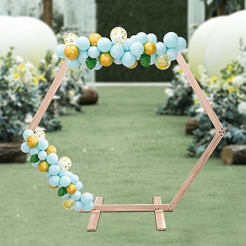 Lightakai 7.1 x 6.1ft Hochzeitsbogen Holz, Hexagonal Arbor Hintergrund Holz Hexagon Blume Arbor Stand mit Basis - Tragfähigkeit 5kg/11lbs für Hochzeit Geburtstag Party Deco