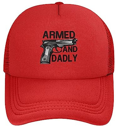 FWJZDSP Armed and Dadly Lustige tödliche Netz-Trucker-Mütze für Männer – Low Profile Baseball Cap, verstellbare Dad Cap, Rot