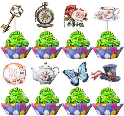 Xsstarmi 40 Packung Alice im Wunderland Cupcake Toppers Schmetterling Schlüssel Mad Hatter Cupcake Picks Eat Me Tee-Party Kuchendekorationen für Retro Hochzeitstag Jubiläum Geburtstag Party Zubehör
