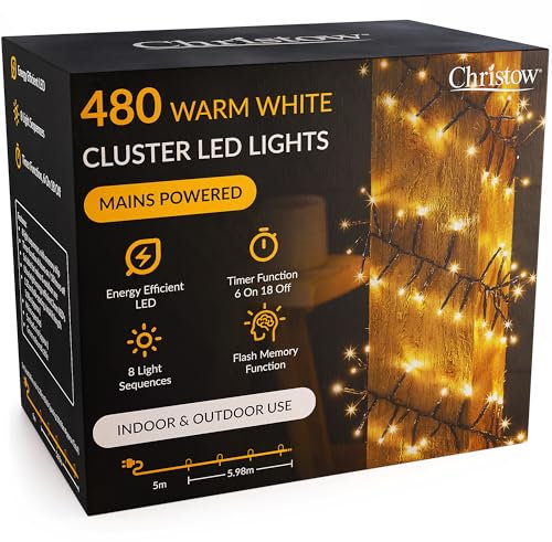 CHRISTOW 480 LED Cluster Christmas Tree Lights, Warm White Fairy Lights with Timer, 8 Light Modes, Energy Efficient 3mm Micro LEDs, Indoor & Outdoor, Mains Powered, Green Cable, 5.98m Lit Length