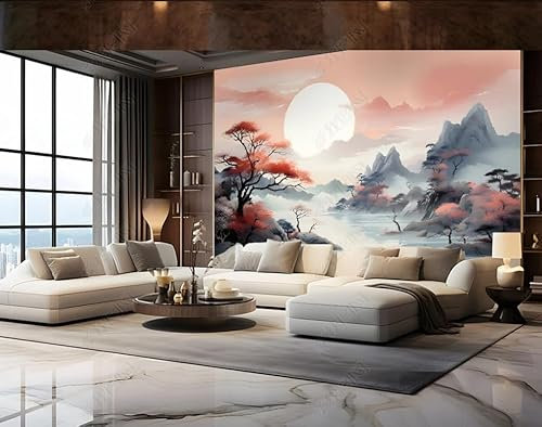 Fototapete 3d effekt tapete Tinte Berg und Wasser Kiefer Baum Mond Vlies Tapeten Wandtapete Wohnzimmer Schlafzimmer Wand Dekoration Moderne 350CM(B)*256CM(H)