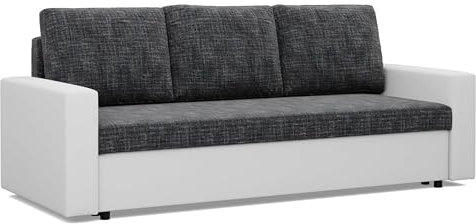 Mebligo - Sofa Dreisitzer Wohnzimmer mit Schlaffunktion, Bettkasten und Kunsteleder 220x92x92 (BxHxT) Dunkelgrau und Weiß Luna, Schlafsofa Platzsparend, Schlafcouch, Sofabett, Sofa Bed, Bettsofa
